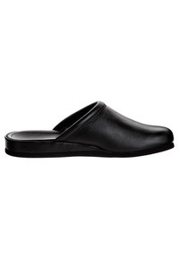 Sorte læder slip-on sko med en afrundet tå, glat overflade, lav flad hæl og et minimalistisk design, der har en buet øvre kant.