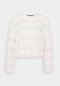 Suéter branco de malha com um design cropped, apresentando um padrão em ondas com riscas em azul claro e lilás, exibindo uma trama texturizada e de malha aberta.
