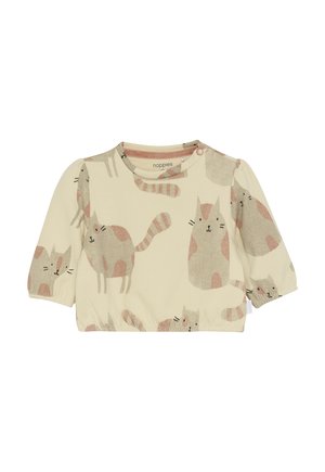 Crème-kleurig baby langarm topje met elastische zoom en roze-beige kattenillustraties overal.