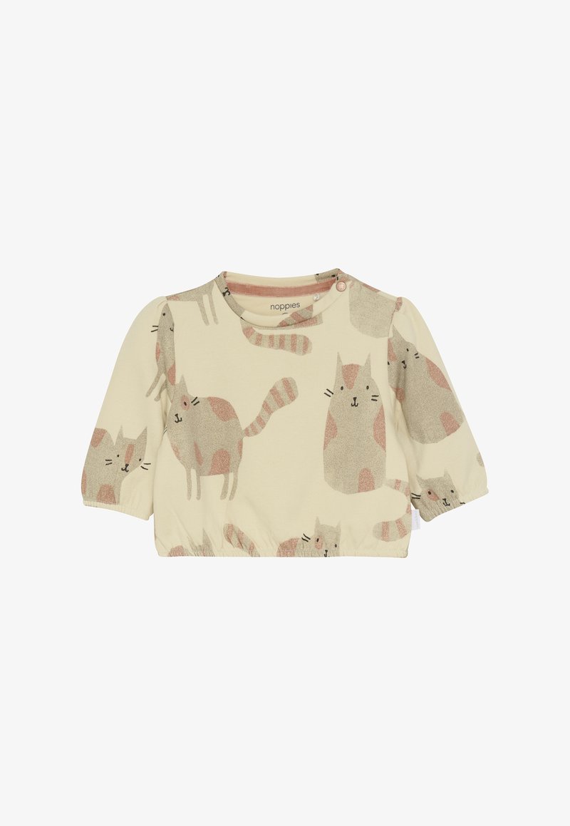 Helle cremefarbene Babytunika mit langen Ärmeln, elastischem Saum und rosa-beigen Katzenillustrationen überall.