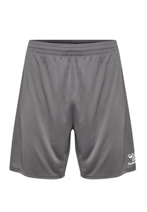 Gray sports shorts made of lightweight fabric, feature an elastic waistband, and a logo on the lower right side. Smooth texture.