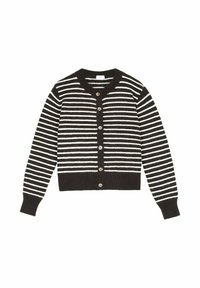 Cardigan rayé noir et blanc avec un col rond, une fermeture à boutons sur le devant, et des poignets et un ourlet côtelés, réalisé dans un tissu doux et texturé.