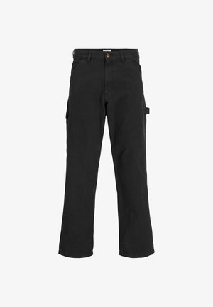 Black cargo pants in cotton blend fabric. Features wide legs, front slant pockets, and a side pocket with a loop for accessories.