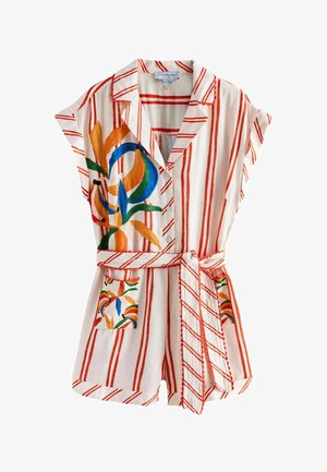 Weißer kurzärmeliger Overall mit orangefarbenen vertikalen Streifen, einem gebundenen Gürtel, Knöpfen und bunter Blumenstickerei auf der Brust und den Taschen.