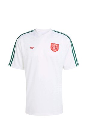 White short-sleeve sports jersey with green stripes on shoulders, red Adidas logo, and red All-Stars 1894 emblem on chest.