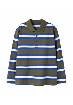 Polo à manches longues avec des rayures horizontales vert olive, bleu et blanc et trois boutons sur la patte de boutonnage avant.