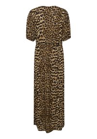 Maksi haljina sa leopard printom, kratkim rukavima, elastičnim strukom i lepršavim materijalom. Ima bež i crnu paletu boja s mekim teksturom.