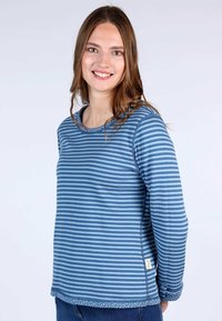 Langärmliges, gestreiftes Hemd in Blau mit Rundhalsausschnitt und floralen Akzenten am Saum. Weicher Baumwollstoff mit lockerer Passform.