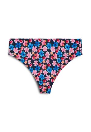 Bloemen bikini-bikini's met een marineblauwe achtergrond en levendige roze en blauwe bloemen, gemaakt van rekbare, gladde stof met elastische randen.