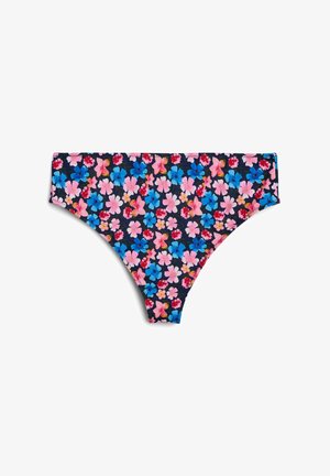 Bloemen bikini-bikini's met een marineblauwe achtergrond en levendige roze en blauwe bloemen, gemaakt van rekbare, gladde stof met elastische randen.