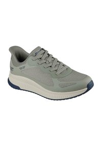 Light gray athletic shoe with mesh and synthetic upper, lace closure, cushioned sole, textured accents, and navy rubber outsole.