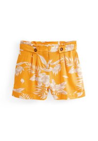 Keltaiset kukkakuosiset shortsit, jotka on valmistettu pellavasta ja joissa on teksturoitu pinta, valkoiset lehtikuviot, kaksi nappia sekä pleatattu etuosa.