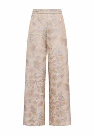 Pantaloni a vita alta a gamba larga con base beige e delicato motivo floreale in toni smorzati.