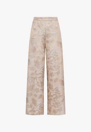 Pantaloni a vita alta a gamba larga con base beige e delicato motivo floreale in toni smorzati.