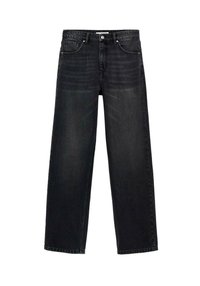 Črne široke jeans hlače iz denima. Imajo pet žepov, zadrgo s gumbom in diskretno bledenje na sprednji strani.