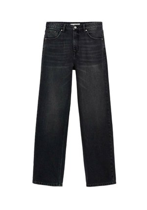Jeans neri a gamba larga in denim. Caratterizzati da cinque tasche, una chiusura con zip e bottone, e un leggero sbiadimento sulla parte frontale.