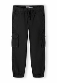 Pantalons cargo noirs en tissu léger. Comprend une taille élastique, un cordon de serrage, des poches latérales et des poignets fuselés aux chevilles.