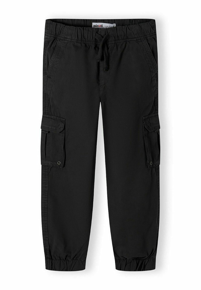 Pantalons cargo noirs en tissu léger. Comprend une taille élastique, un cordon de serrage, des poches latérales et des poignets fuselés aux chevilles.