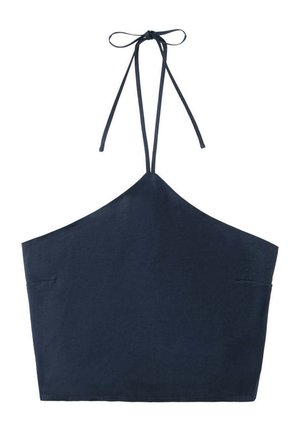 Tmavomodrý crop top s halter výstrihom a tenkými ramienkami zviazanými na mašličku vzadu na jednoduchom bielom pozadí.