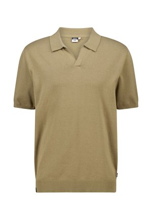Khaki short-sleeve polo shirt made of soft cotton blend, featuring a V-neckline and ribbed hem with minimal stitching details.