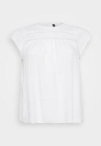 White blouse with short cap sleeves, featuring delicate lace trim along the neckline and bust, made from lightweight fabric.