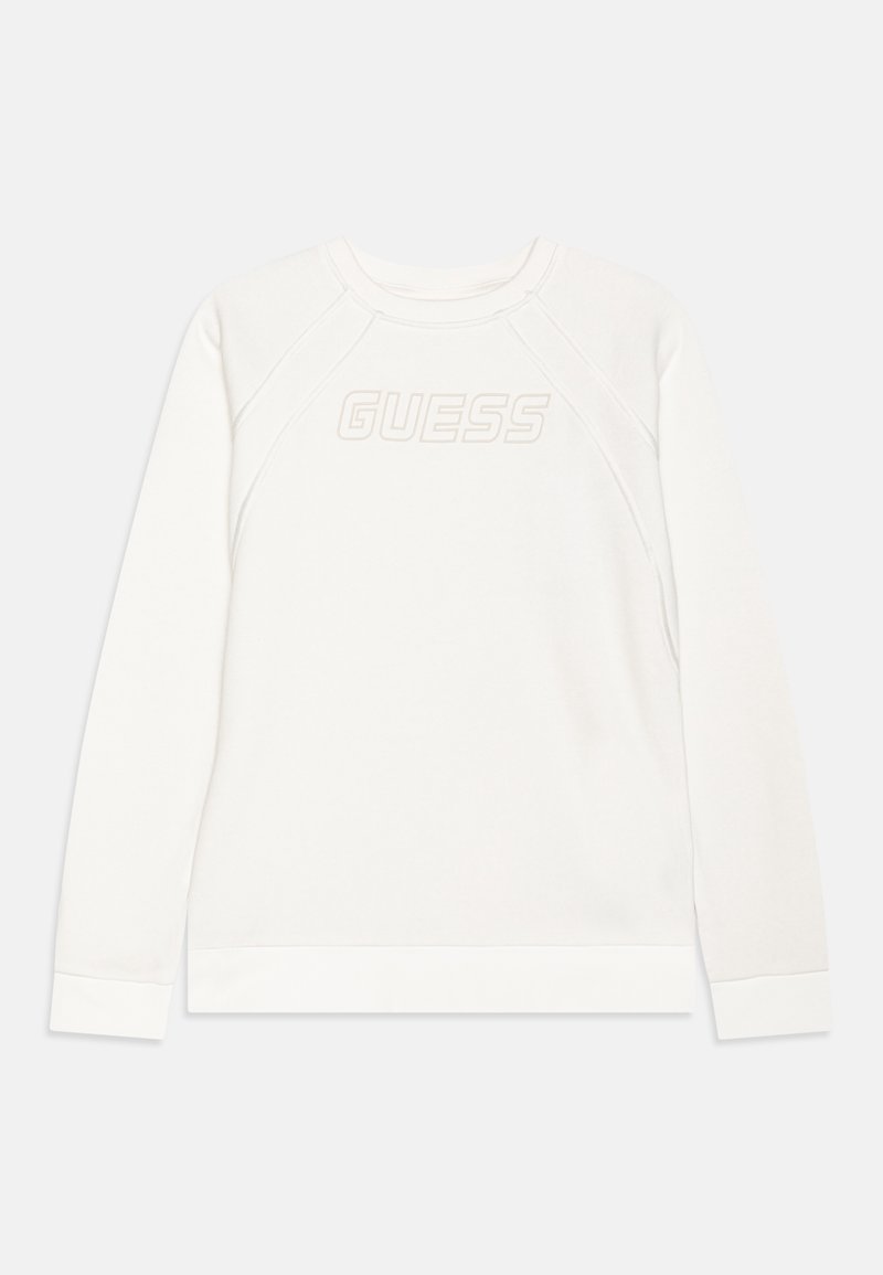 Sweat-shirt blanc à manches longues avec poignets et ourlet côtelés, présentant le logo "GUESS" en relief sur la poitrine.