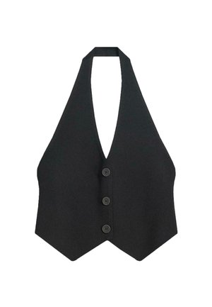 Schwarzes ärmelloses Halftertop mit drei vorderen Knöpfen und spitzem Saum.
