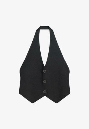 Schwarzes ärmelloses Halftertop mit drei vorderen Knöpfen und spitzem Saum.
