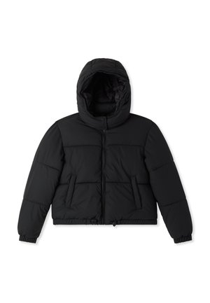 Giacca a vento nera con cappuccio, dotata di chiusura a zip frontale, polsini elasticizzati, due tasche laterali e pannelli trapuntati per l'isolamento.