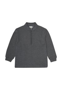 Grauer Pullover mit hohem Kragen und einem Viertelreißverschluss auf der Vorderseite, ausgestattet mit langen Ärmeln und strukturiertem Stoff. Keine Muster oder Akzente.