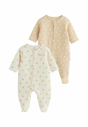 To langærmede babysoveposer med fødder, den ene cremefarvet med brune prikker, den anden beige med hvide blomster, begge med lynlåse foran.