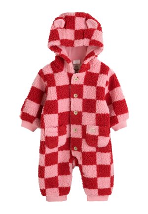 Roter und rosa karierten Baby-Strampler mit Kapuze und Teddybär-Ohren, Knopfleiste vorne, zwei Taschen und gerippten Bündchen.