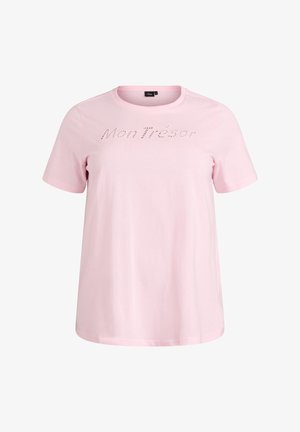 Svijetloružičasta pamučna majica kratkih rukava i okruglog izreza na vratu, s tekstom "Mon Trésor" u suptilnom perforiranom dizajnu preko prednje strane.