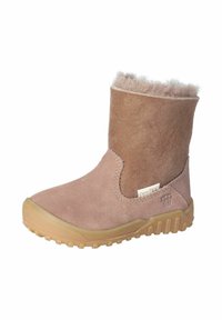Botín de invierno para niño en ante color beige con forro de felpa, suela de goma y etiqueta CareTEX en el lado.