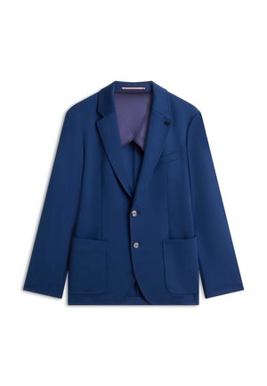 Marineblauer Blazer aus glattem Stoff, mit Reverskragen, zwei Fronttaschen und zwei silbernen Knöpfen. Gefüttertes Innenfutter in Lila.