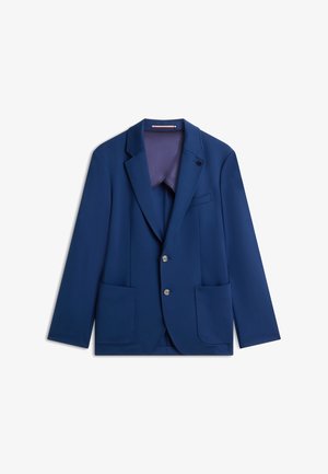 Blazer blu navy in tessuto liscio, con rever a incavo, due tasche frontali e due bottoni argentati. Interno foderato di viola.