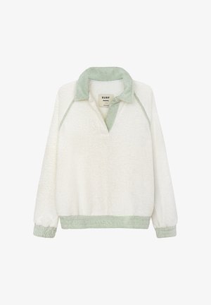 Polarowy pulower w kolorze ecru z jasnoróżowym kołnierzem i mankietami. Posiada półzamek z przodu i elastyczne obszycia dla luźnego kroju.