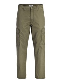 Olive green cargo pants made of cotton fabric, featuring side pockets, a straight cut, and a waistband with a button closure.