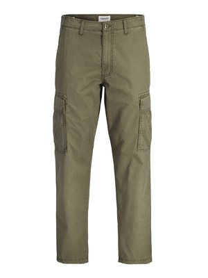 Pantalons cargo vert olive en coton, avec poches latérales, coupe droite et ceinture à fermeture bouton.