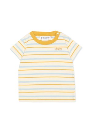 T-shirt per neonati a maniche corte con righe orizzontali gialle e azzurre, collo giallo, bottoni sulle spalle e piccolo logo arancione "Bonpoint".