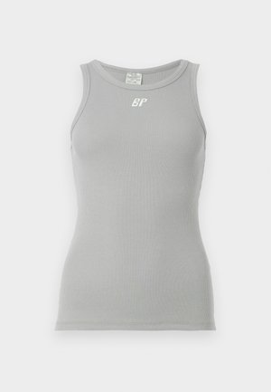 Gray ribbed tank top with a round neckline and sleeveless design. Features a small white logo on the front. Smooth, stretchy fabric.