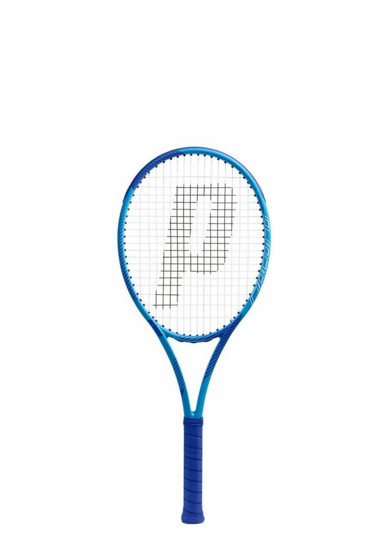 Blå tennisracket med ett mörkblått grepp och ett svart "P"-mönster format av strängarna i mitten av rackethuvudet.