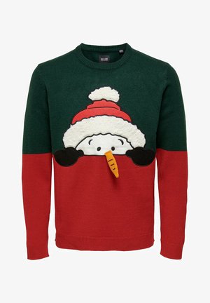 Maglione natalizio lavorato a maglia con parte superiore verde e parte inferiore rossa. Presenta un design di pupazzo di neve con un cappello bianco morbido, braccia nere e un naso di carota.