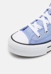 Světle modré plátěné tenisky s bílou gumovou špičkou a podrážkou. Obsahují bílé šňůrky a černé akcentové pruhy. Texturovaná gumová podrážka.