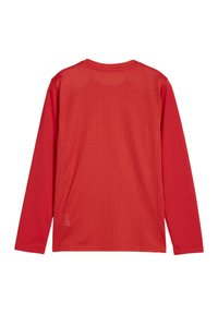 Rotes Langarmshirt aus atmungsaktivem Mesh-Gewebe. Verfügt über einen runden Kragen und ein einfaches, glattes Rückendesign ohne sichtbare Markenkennzeichnung.
