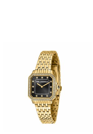 Orologio da polso in metallo color oro con quadrante quadrato nero, dettagli in cristallo intorno alla lunetta e al quadrante, con marchio "KARL LAGERFELD".