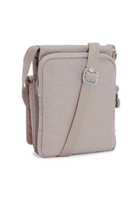 Beige stof crossbody tas med lynlås, justerbar webbing strop og flad frontlomme. Struktureret overflade med forstærket syning.