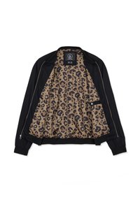 Veste zippée noire avec doublure intérieure imprimé léopard et une petite poche intérieure avec bouton-pression, étalée à plat avec le devant ouvert.