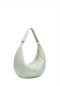 Borsa a spalla in nylon verde con forma arrotondata, tracolla regolabile e chiusura con cerniera. Presenta una texture liscia e un design minimalista.