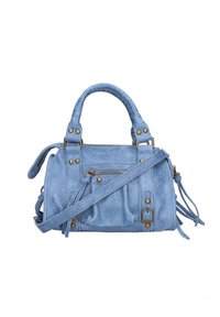 Borsa a mano azzurro chiaro in morbido suede con dettagli in metallo color oro. Presenta manici doppi, una tracolla removibile, una tasca con zip e dettagli in frange.